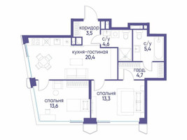 Планировка двухкомнатной(квартира) площадью 65.52 квадратных метров в “ЖК Остров”
