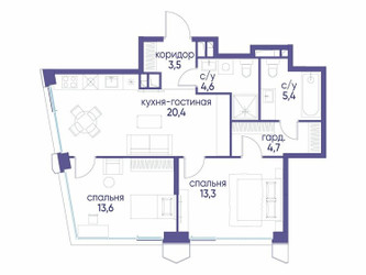 Планировка двухкомнатной(квартира) площадью 65.52 квадратных метров в ЖК “ЖК Остров”