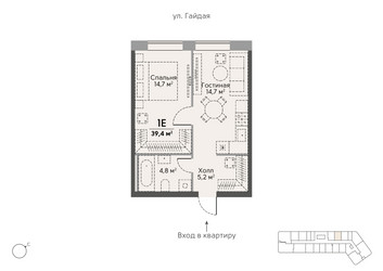 Планировка однокомнатной(квартира) площадью 39.6 квадратных метров в ЖК “ЖК Stories на Мосфильмовской”