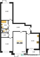 Планировка трехкомнатной(квартира) площадью 84 квадратных метров в “ЖК 1-й Южный (Первый Южный)”