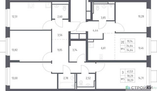 Планировка трехкомнатной(квартира) площадью 78.29 квадратных метров в “ЖК Богдановский Лес”