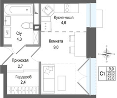 Планировка студии(квартира) площадью 23 квадратных метров в “ЖК КИНОКВАРТАЛ”