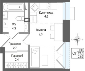 Планировка студии(квартира) площадью 23 квадратных метров в ЖК “ЖК КИНОКВАРТАЛ”