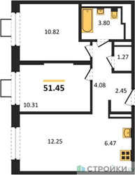 Планировка двухкомнатной(квартира) площадью 51.45 квадратных метров в ЖК “ЖК Томилино Парк”