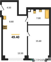 Планировка однокомнатной(квартира) площадью 49.4 квадратных метров в “ЖК АУРА”
