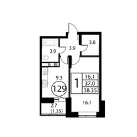 Планировка однокомнатной(квартира) площадью 38.4 квадратных метров в “ЖК Космос”