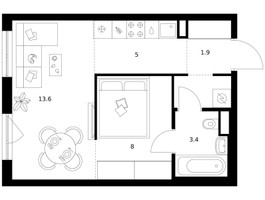 Планировка однокомнатной(квартира) площадью 34.3 квадратных метров в “ЖК Кавказский бульвар 51”