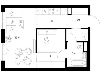 Планировка однокомнатной(квартира) площадью 34.3 квадратных метров в ЖК “ЖК Кавказский бульвар 51”