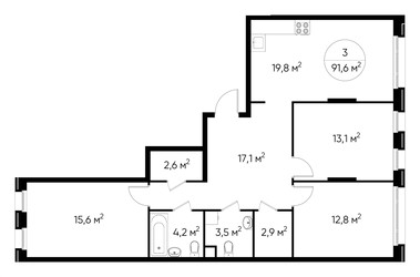 Планировка трехкомнатной(квартира) площадью 91.6 квадратных метров в ЖК “ЖК Переделкино Ближнее”
