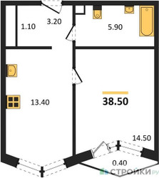 Планировка однокомнатной(квартира) площадью 38.5 квадратных метров в ЖК “Акценты”
