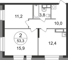 Планировка двухкомнатной(квартира) площадью 53.3 квадратных метров в “ЖК Первый Московский”