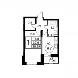 Планировка однокомнатной(квартира) площадью 38.2 квадратных метров в ЖК “ЖК Космос”