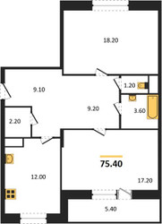 Планировка двухкомнатной(квартира) площадью 75.4 квадратных метров в ЖК “ЖК Эдельвейс (Первомайское)”
