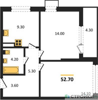 Планировка двухкомнатной(квартира) площадью 52.7 квадратных метров в “ЖК Прокшино”