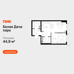 Планировка однокомнатной(квартира) площадью 44.8 квадратных метров в ЖК “ЖК Белая Дача парк”