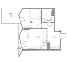 Планировка однокомнатной(квартира) площадью 42.7 квадратных метров в “ЖК Аквилон Beside 2.0”