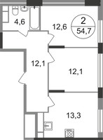 Планировка двухкомнатной(квартира) площадью 54.7 квадратных метров в “ЖК Переделкино Ближнее”