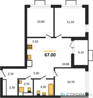 Планировка трехкомнатной(квартира) площадью 67 квадратных метров в “ЖК Бунинские кварталы”