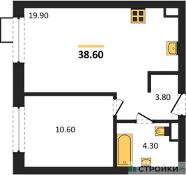 Планировка однокомнатной(квартира) площадью 38.6 квадратных метров в ЖК “ЖК Foreville (Форевилль)”