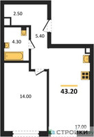 Планировка однокомнатной(квартира) площадью 43.2 квадратных метров в “ЖК Шагал”