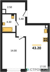 Планировка однокомнатной(квартира) площадью 43.2 квадратных метров в ЖК “ЖК Шагал”