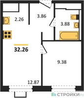 Планировка однокомнатной(квартира) площадью 32.26 квадратных метров в “ЖК Прибрежный Парк”