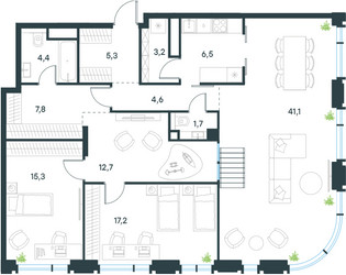 Планировка 4+ комнатной(квартира) площадью 203 квадратных метров в ЖК “ЖК Левел Академическая”