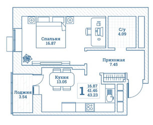 Планировка однокомнатной(квартира) площадью 43.23 квадратных метров в ЖК “ЖК Новоград Монино”