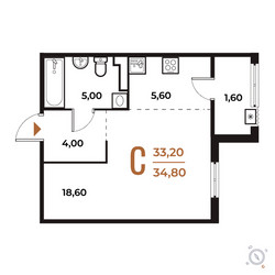 Планировка студии(квартира) площадью 34.8 квадратных метров в ЖК “ЖК Новое Летово”