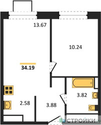 Планировка однокомнатной(квартира) площадью 34.19 квадратных метров в ЖК “ЖК Прибрежный Парк”