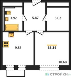 Планировка однокомнатной(квартира) площадью 35.34 квадратных метров в ЖК “ЖК Рублевский Квартал”