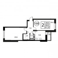 Планировка двухкомнатной(квартира) площадью 61.2 квадратных метров в “ЖК Космос”