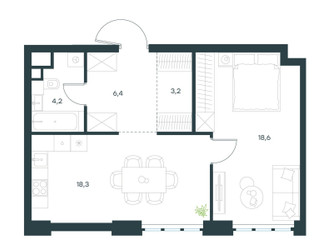 Планировка однокомнатной(квартира) площадью 50.7 квадратных метров в ЖК “ЖК Левел Южнопортовая”