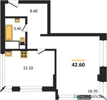 Планировка однокомнатной(квартира) площадью 42.6 квадратных метров в “ЖК VERY на Миклухо-Маклая (Вери на Миклухо-Маклая)”