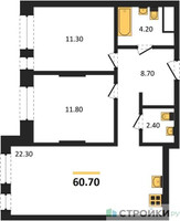 Планировка двухкомнатной(квартира) площадью 60.7 квадратных метров в “ЖК Первый Московский”