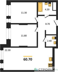 Планировка двухкомнатной(квартира) площадью 60.7 квадратных метров в ЖК “ЖК Первый Московский”