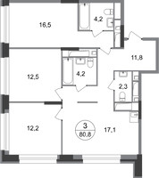 Планировка трехкомнатной(квартира) площадью 80.8 квадратных метров в “ЖК Первый Московский”