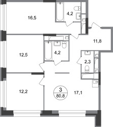Планировка трехкомнатной(квартира) площадью 80.8 квадратных метров в ЖК “ЖК Первый Московский”