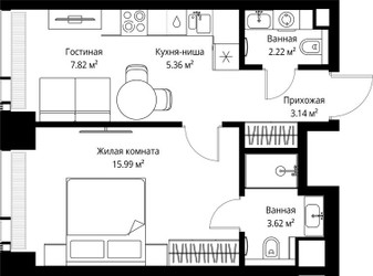 Планировка однокомнатной(квартира) площадью 38.15 квадратных метров в ЖК “ЖК Веер”
