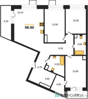 Планировка трехкомнатной(квартира) площадью 98.9 квадратных метров в “Отрада на реке”
