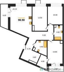Планировка трехкомнатной(квартира) площадью 98.9 квадратных метров в ЖК “Отрада на реке”
