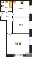 Планировка двухкомнатной(квартира) площадью 57.28 квадратных метров в “Жилые кварталы Новое Пушкино”