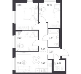 Планировка трехкомнатной(квартира) площадью 66.59 квадратных метров в ЖК “ЖК Новое Внуково”