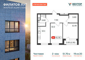 Планировка двухкомнатной(квартира) площадью 51.7 квадратных метров в “ЖК Филатов луг”