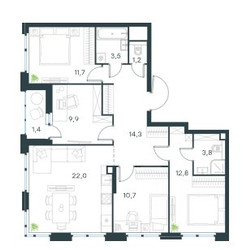 Планировка 4+ комнатной(квартира) площадью 93 квадратных метров в ЖК “ЖК Левел Лесной”