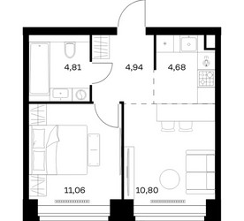 Планировка однокомнатной(квартира) площадью 36.29 квадратных метров в ЖК “ЖК НОВА”