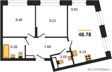 Планировка двухкомнатной(квартира) площадью 48.78 квадратных метров в ЖК “ЖК Движение. Говорово”