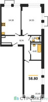 Планировка двухкомнатной(квартира) площадью 58.8 квадратных метров в “ЖК Квартал Строгино”
