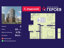 Планировка двухкомнатной(квартира) площадью 34.2 квадратных метров в “ЖК Героев”