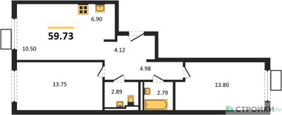 Планировка двухкомнатной(квартира) площадью 59.73 квадратных метров в ЖК “ЖК Горки Парк”